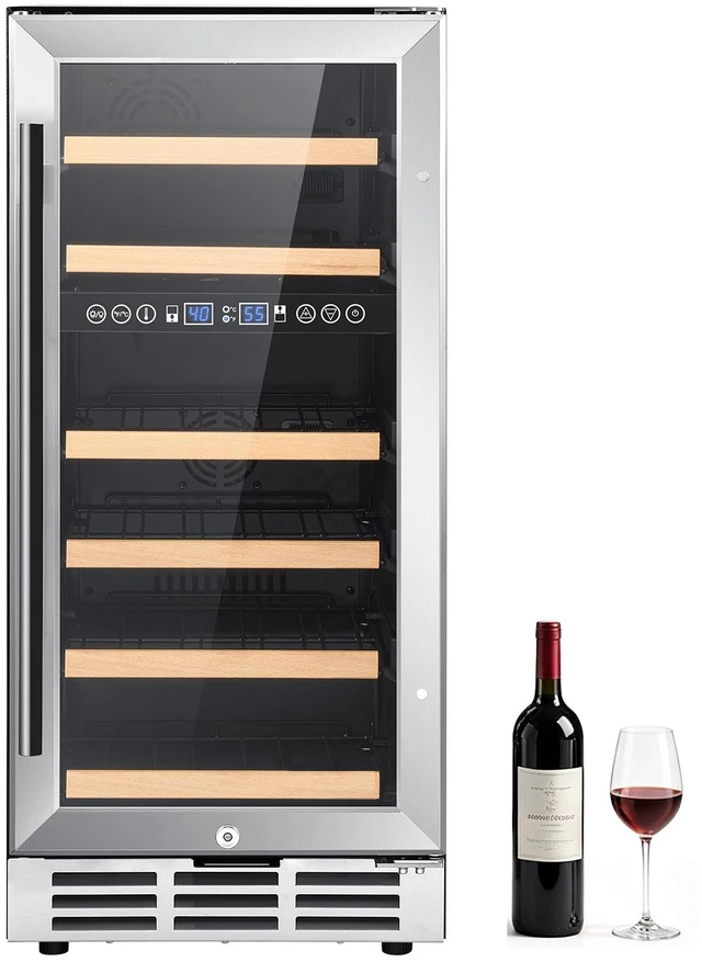 Main image of VEVOR 15 inch Wine Fridge 28-Bottle Wine Cooler Refrigerator for Home Bar, Dual Zone, Built-in or Freestanding Compressor Wine Cellar, with Lock, 40-65 Temp Control, Glass Door, and LED lighting