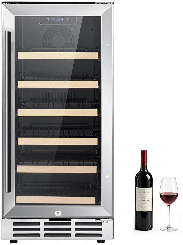 Main image of VEVOR 15 inch Wine Fridge 30-Bottle Wine Cooler Refrigerator for Home Bar, Under Counter Built-in or Freestanding Compressor Wine Cellar, with Lock, 41-64 Temp Control, Glass Door, and LED lighting
