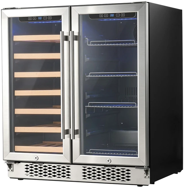 Main image of VEVOR 30 in Wine Fridge Beer Cooler Refrigerator 30 Bottle 110 Can Capacity, Home Bar, Double-Door & Dual-Zone Compressor Refrigerators, Built-in or Freestanding, Lock, 38-66, Glass Door & LED Light