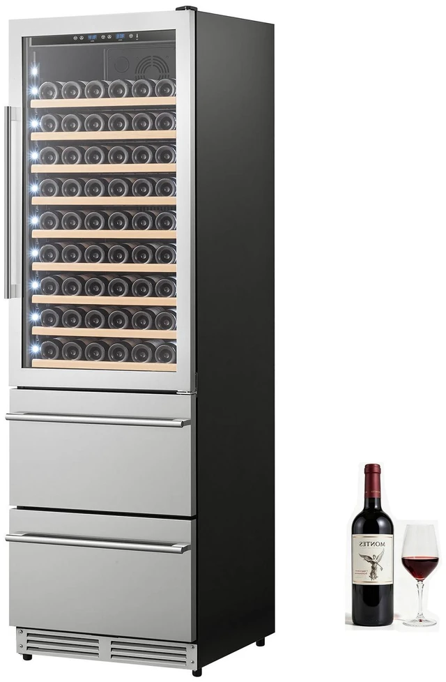 Main image of VEVOR 24in Wine Fridge Beer Cooler Refrigerator 108 Bottle 150 Can Capacity, Home Bar, Triple-Door & Dual Zone Compressor Refrigerators, Built-in or Freestanding, Lock, 37-72, Glass Door & LED Light