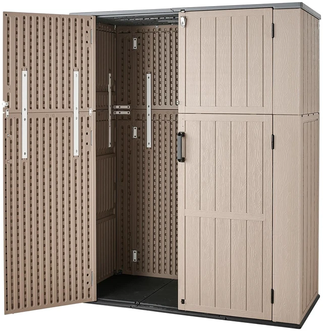 Main image of VEVOR Outdoor Storage Shed 59 Cu Ft Vertical Resin Storage Cabinet Brown, for Garage, Backyard Patio Accessories and Garden Tools, Waterproof Outside Lawn Mower Shed with Lockable Doors and Floor