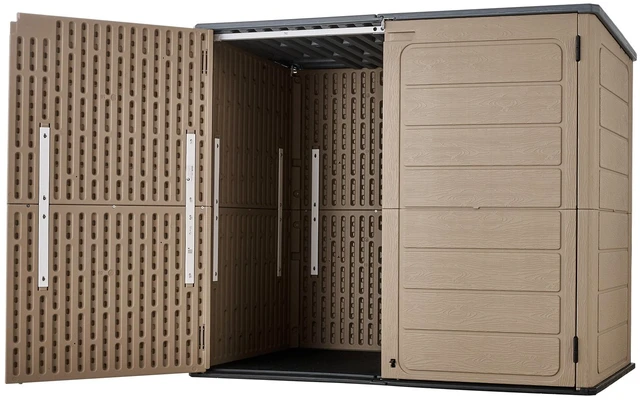 Main image of VEVOR Outdoor Storage Shed 48 Cu Ft Horizontal Resin Storage Cabinet Brown, for Garage, Backyard Patio Accessories and Garden Tools, Waterproof Outside Lawn Mower Shed with Lockable Doors and Floor
