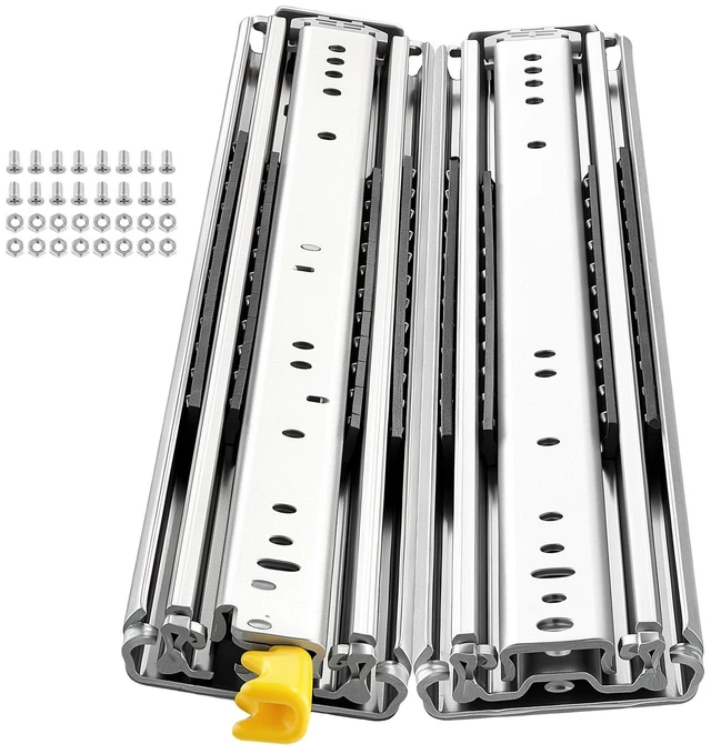 Main image of VEVOR Heavy Duty Drawer Slides, 26 inch 500 lbs with Lock Side Mount Rails, for Cabinets, Kitchen, Workbench, RV, 3-Fold Full Extension Ball Bearing Rails, Carbon Steel, with Screws & Nuts, 1 Pair
