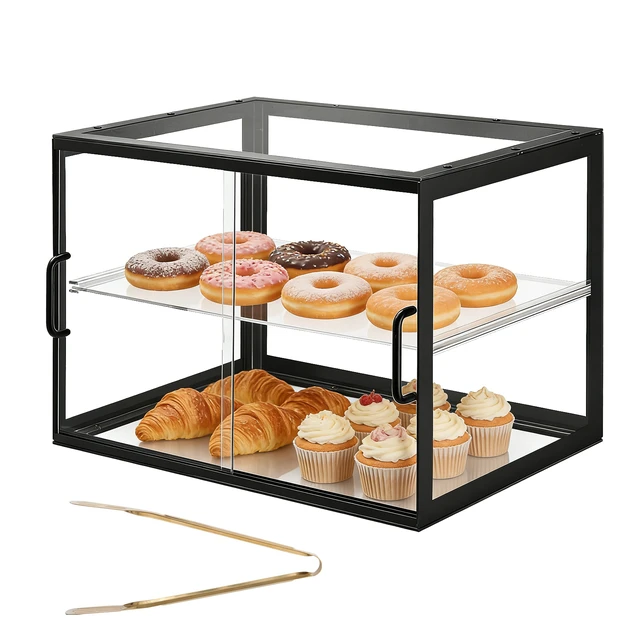 Alt view image 8 of 8 - VEVOR Bakery Display Case, 2-Tier Commercial Countertop Pastry Display Case, Clear Acrylic Bread Box for Kitchen, Party Cake Cabinet with Sliding Door for Cookie Dessert Donut, 21.7" x 15.2" x 15.4"