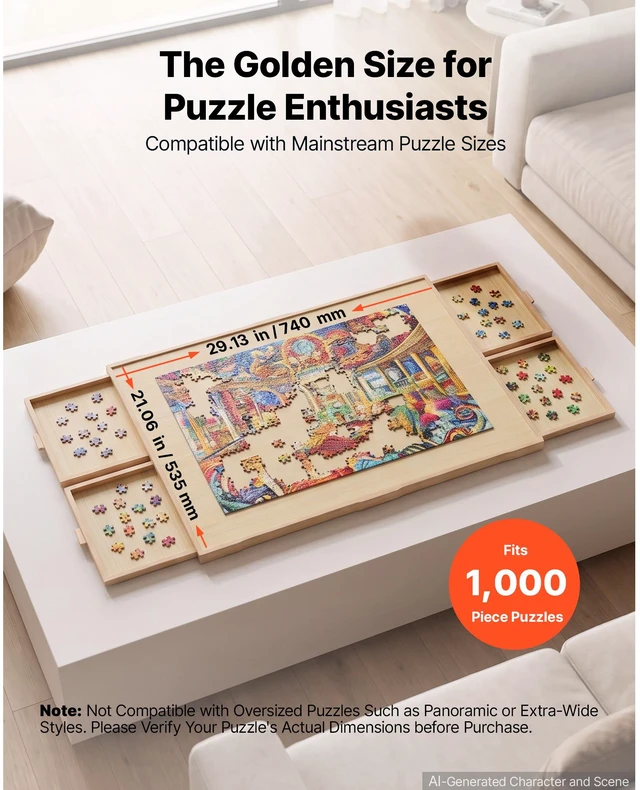 Alt view image 2 of 7 - VEVOR 1000 Piece Puzzle Board with 4 Drawers and Cover, 29x21 in, Birthday Gift for Mom, Portable Wooden Table, Jigsaw Accessories for Adult, Puzzle Organizer Storage System