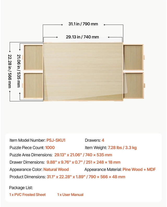 Alt view image 7 of 7 - VEVOR 1000 Piece Puzzle Board with 4 Drawers and Cover, 29x21 in, Birthday Gift for Mom, Portable Wooden Table, Jigsaw Accessories for Adult, Puzzle Organizer Storage System