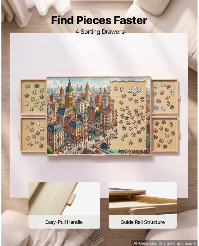 Alt view image 4 of 7 - VEVOR 1000 Piece Puzzle Board with 4 Drawers and Cover, 29x21 in, Birthday Gift for Mom, Portable Wooden Table, Jigsaw Accessories for Adult, Puzzle Organizer Storage System