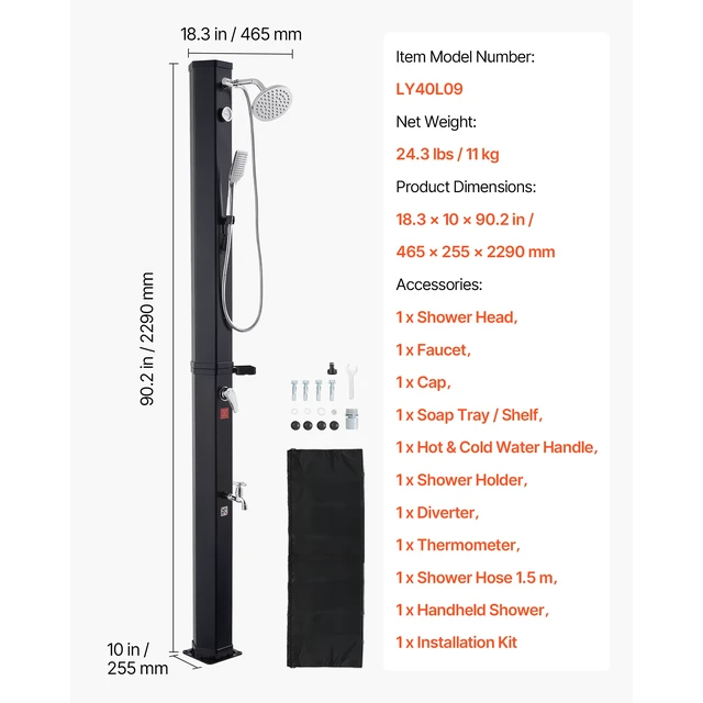 Alt view image 7 of 7 - Vevor 10.6 Gal Solar Heated Shower, 6.7ft Showerhead Height Outdoor Shower, with Handheld & Foot Faucet, Hot & Cold Water Adjustment, Freestanding for Backyard Poolside Beach Pool, Black