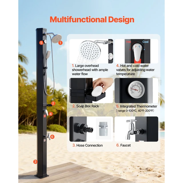 Alt view image 3 of 7 - Vevor 10.6 Gal Solar Heated Shower, 6.7ft Showerhead Height Outdoor Shower, with Handheld & Foot Faucet, Hot & Cold Water Adjustment, Freestanding for Backyard Poolside Beach Pool, Black
