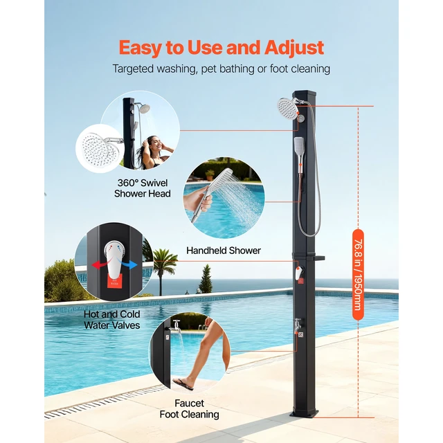 Alt view image 2 of 7 - Vevor 10.6 Gal Solar Heated Shower, 6.7ft Showerhead Height Outdoor Shower, with Handheld & Foot Faucet, Hot & Cold Water Adjustment, Freestanding for Backyard Poolside Beach Pool, Black