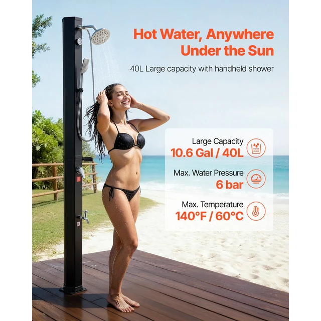 Alt view image 6 of 7 - Vevor 10.6 Gal Solar Heated Shower, 6.7ft Showerhead Height Outdoor Shower, with Handheld & Foot Faucet, Hot & Cold Water Adjustment, Freestanding for Backyard Poolside Beach Pool, Black