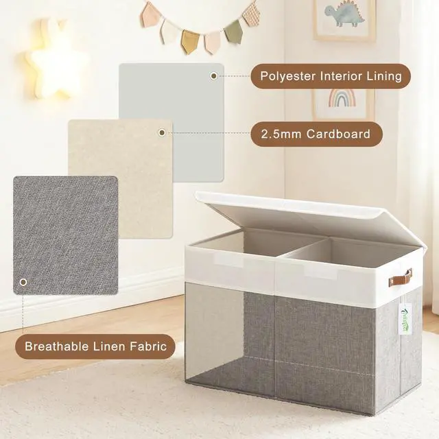 Alt view image 2 of 7 - Large Toy Storage Box with Lids, Collapsible Sturdy Baby Storage Organizer Chest Bin Basket for Kids, Boys, Girls, Playroom, Nursery, Bedroom, Closet 25"x13"x16" (Gray and White)
