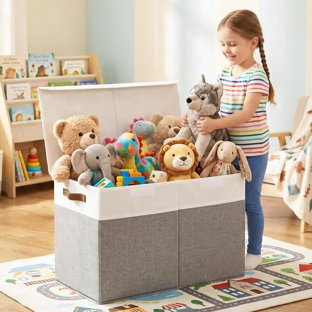 Alt view image 3 of 7 - Large Toy Storage Box with Lids, Collapsible Sturdy Baby Storage Organizer Chest Bin Basket for Kids, Boys, Girls, Playroom, Nursery, Bedroom, Closet 25"x13"x16" (Gray and White)