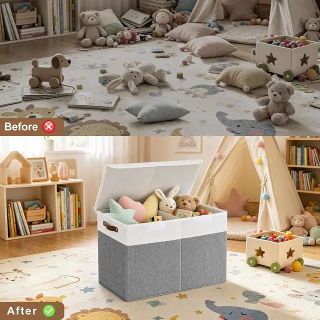 Alt view image 4 of 7 - Large Toy Storage Box with Lids, Collapsible Sturdy Baby Storage Organizer Chest Bin Basket for Kids, Boys, Girls, Playroom, Nursery, Bedroom, Closet 25"x13"x16" (Gray and White)
