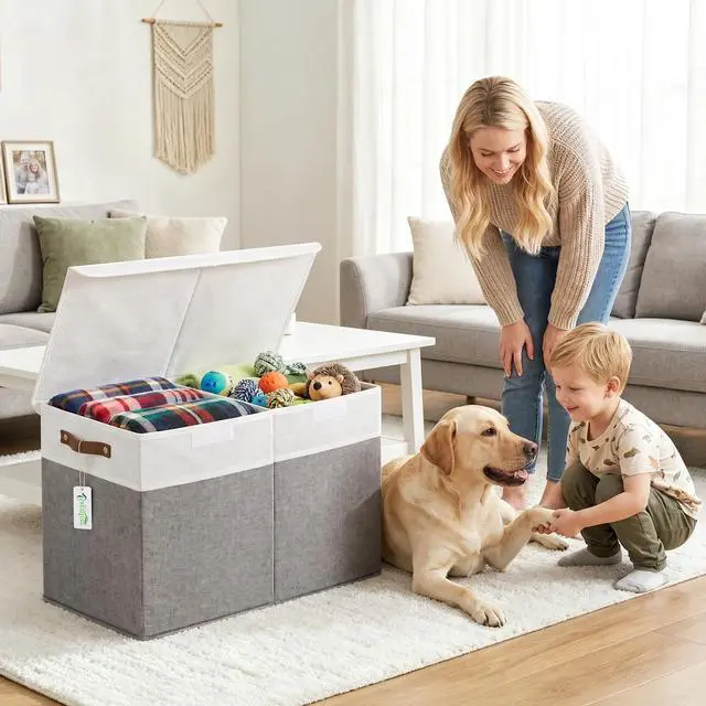 Alt view image 6 of 7 - Large Toy Storage Box with Lids, Collapsible Sturdy Baby Storage Organizer Chest Bin Basket for Kids, Boys, Girls, Playroom, Nursery, Bedroom, Closet 25"x13"x16" (Gray and White)