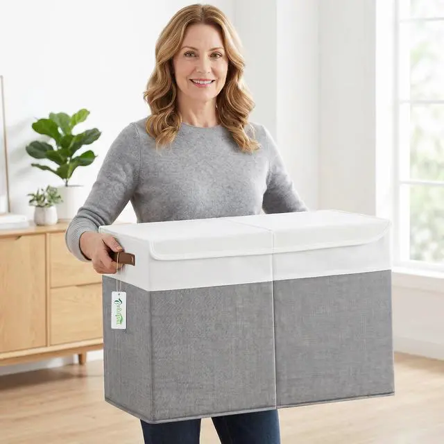 Alt view image 7 of 7 - Large Toy Storage Box with Lids, Collapsible Sturdy Baby Storage Organizer Chest Bin Basket for Kids, Boys, Girls, Playroom, Nursery, Bedroom, Closet 25"x13"x16" (Gray and White)