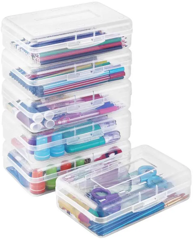 Main image of Plastic Pencil Case Box 6 Pack, Large Crayon Maker Pen Organizer