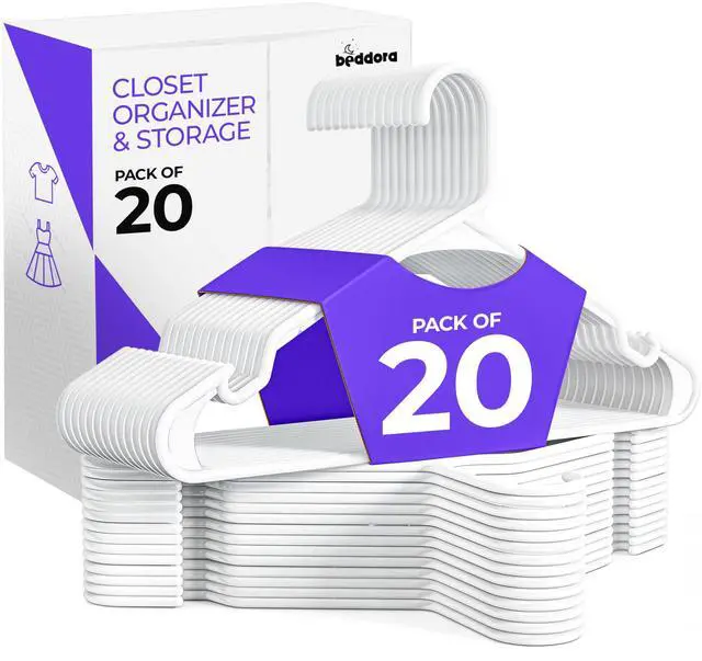 Main image of Beddora Plastic Hangers 20 Pack,White Clothes Hangers for Closet Organization and Storage Space-Saving Design, Kids & Adult Coat Hanger for Suits, Shirt & Percheros Ganchos para Colgar Ropa Hangars