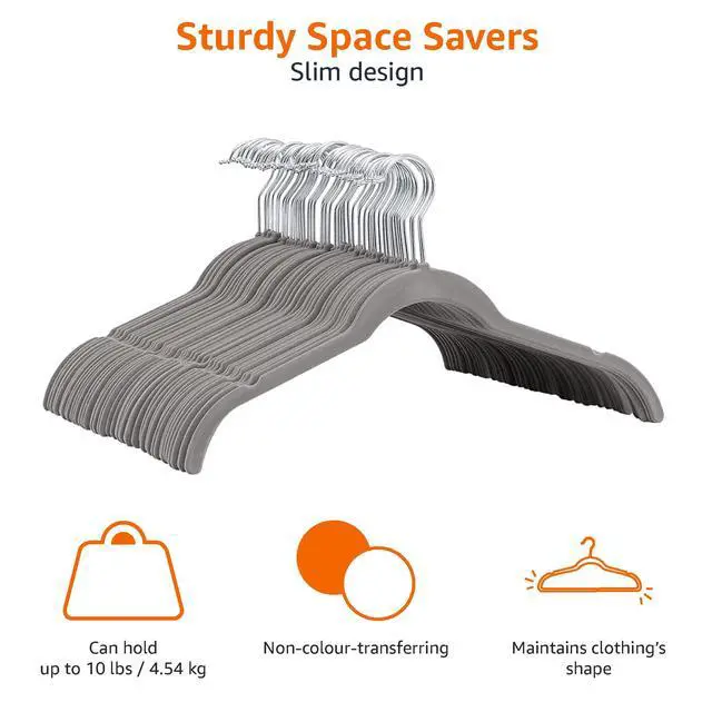 Alt view image 4 of 7 - Space Saving Slim Velvet Non-Slip Clothes Hangers for Closet Organization, Gray/Silver, 30-Pack