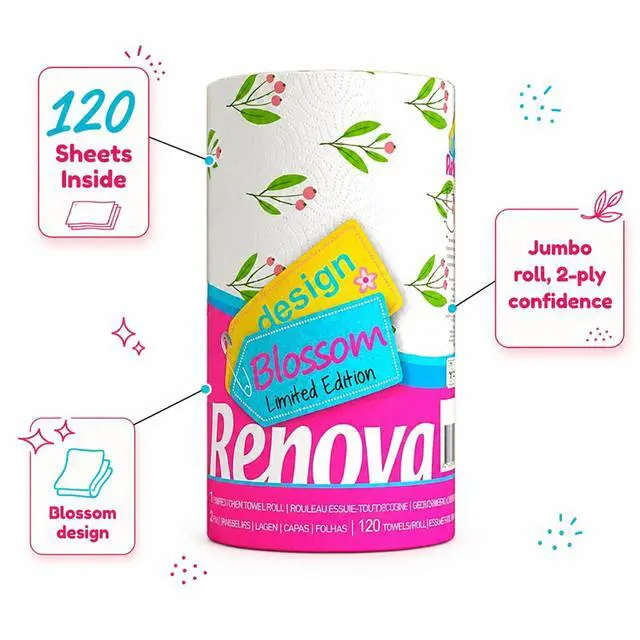 Alt view image 2 of 7 - Kitchen Paper Towels, Blossom Design, XXL Roll, 120 Sheets, White