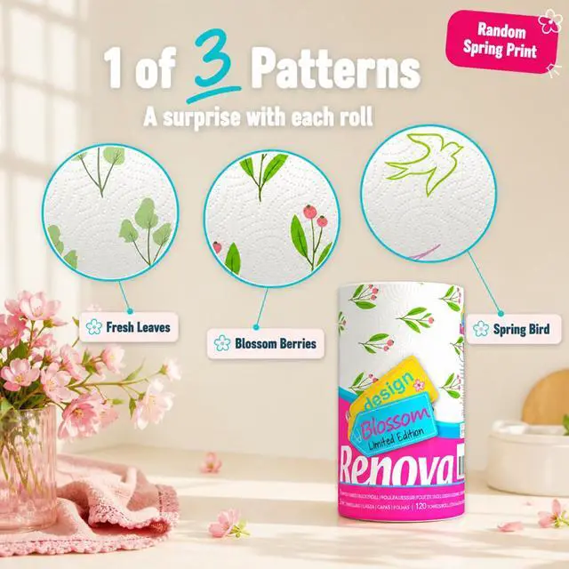 Alt view image 3 of 7 - Kitchen Paper Towels, Blossom Design, XXL Roll, 120 Sheets, White