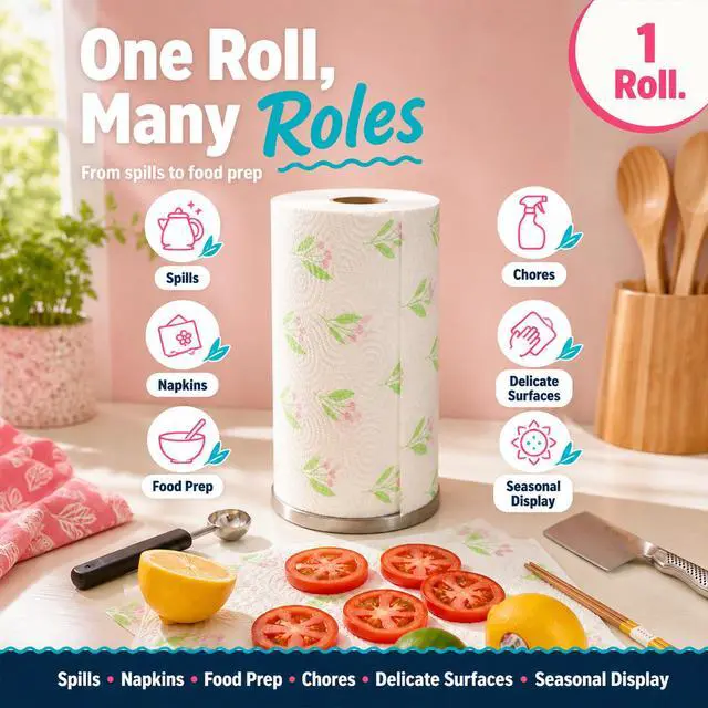 Alt view image 6 of 7 - Kitchen Paper Towels, Blossom Design, XXL Roll, 120 Sheets, White