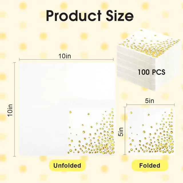 Alt view image 2 of 7 - 100 Pcs Gold Cocktail Napkins, 3-Ply, 5 x 5 Inches, White