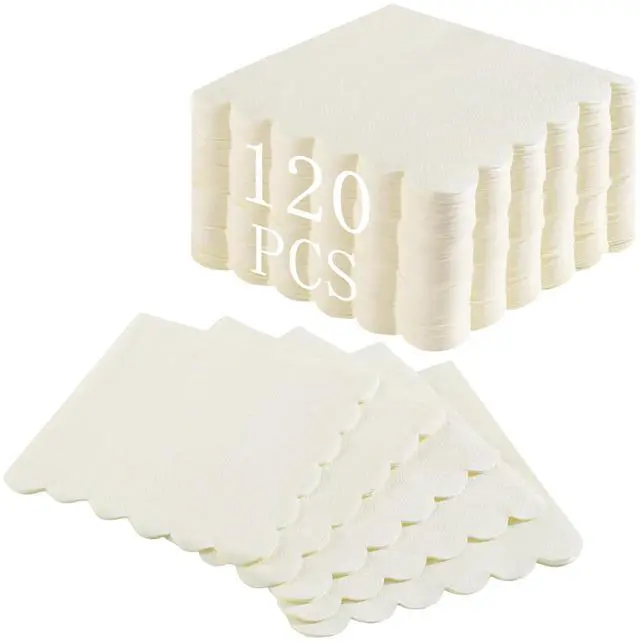 Main image of 120 Pcs Cocktail Napkins Scalloped Ivory Paper Napkins Disposable Cream Dessert Beverage Party Napkin for Wedding, Bridal Baby Shower, Birthday