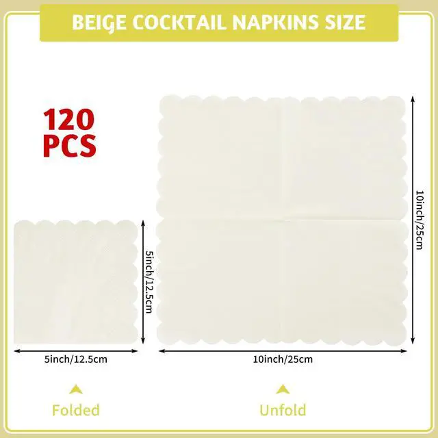 Alt view image 2 of 7 - 120 Pcs Cocktail Napkins Scalloped Ivory Paper Napkins Disposable Cream Dessert Beverage Party Napkin for Wedding, Bridal Baby Shower, Birthday
