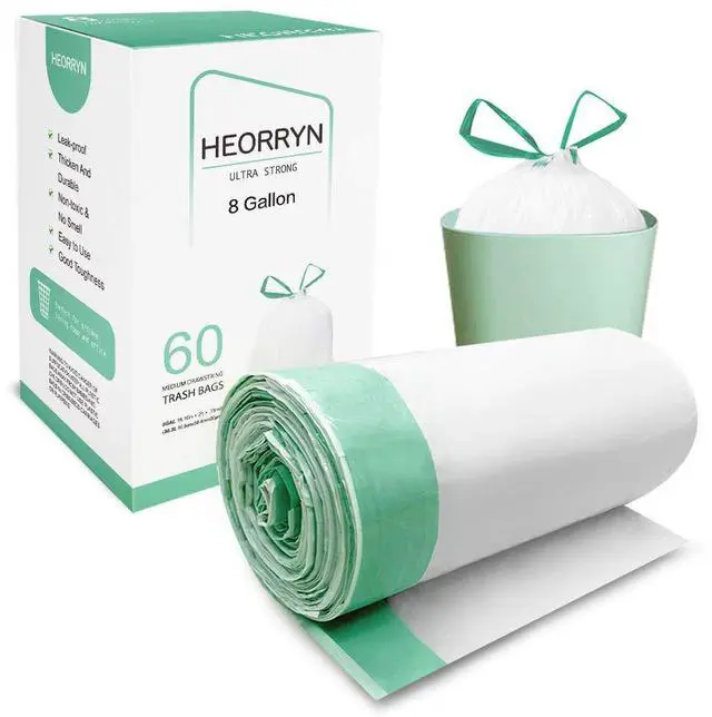Main image of 8 Gallon Drawstring Trash Bags,0.79 Mil Strong 60 Count Medium Garbage Bags