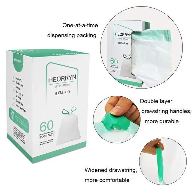 Alt view image 3 of 5 - 8 Gallon Drawstring Trash Bags,0.79 Mil Strong 60 Count Medium Garbage Bags