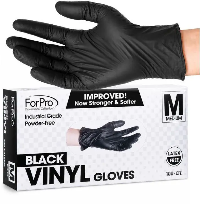 Main image of Disposable Vinyl Gloves, Black, Industrial Grade, Powder-Free, Latex-Free, Non-Sterile, Food Safe, 2.75 Mil. Palm, 3.9 Mil. Fingers, Medium, 100-Count