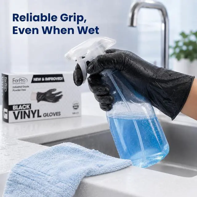 Alt view image 5 of 7 - Disposable Vinyl Gloves, Black, Industrial Grade, Powder-Free, Latex-Free, Non-Sterile, Food Safe, 2.75 Mil. Palm, 3.9 Mil. Fingers, Medium, 100-Count