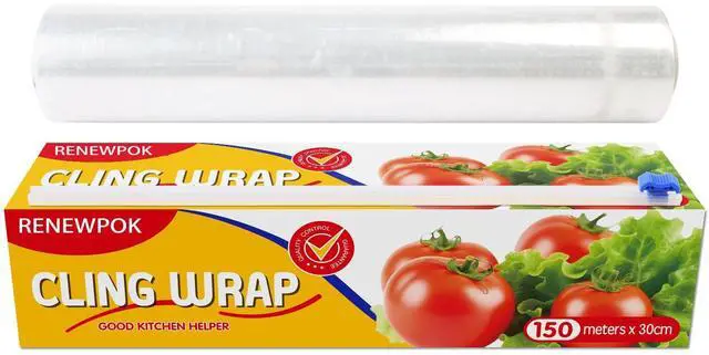 Main image of Plastic Food Wrap- 485 SQ. FT. Kitchen Cling Wrap Includes Slide Cutter BPA-Free Clear Cling Film 30cm×150Meters
