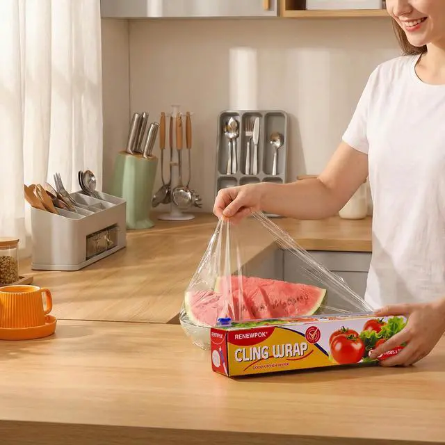 Alt view image 7 of 7 - Plastic Food Wrap- 485 SQ. FT. Kitchen Cling Wrap Includes Slide Cutter BPA-Free Clear Cling Film 30cm×150Meters