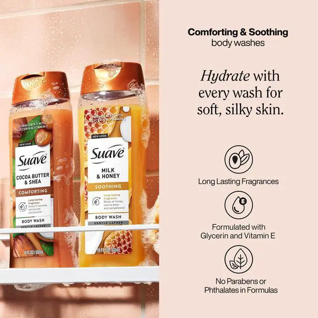 Alt view image 3 of 7 - Body Wash Variety 2-Pack, Milk & Honey + Cocoa Butter & Shea Gentle Body Washes with Sweet Blend Oil Essence, 18 Oz Ea