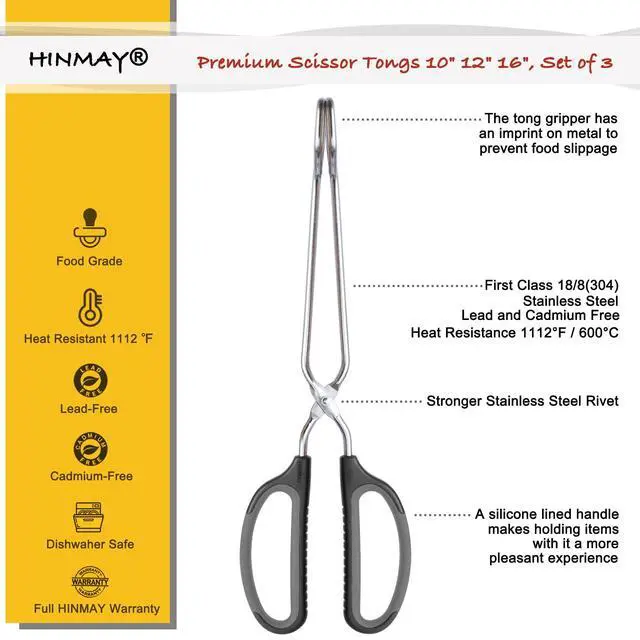 Alt view image 2 of 7 - Stainless Steel Scissor Tongs Cooking Tongs Set, Set of 3 (Black Handle, 10" 12" 16")