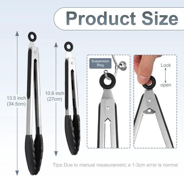 Alt view image 2 of 7 - 2 Pack Black Premium Stainless Steel Heat Resistant Kitchen Tongs for cooking,set of 9" and 12",Non Scratch Silicone cooking Tong Tip for Cooking Pans,Strong Grip BBQ tongs for Grabbing Hot Food