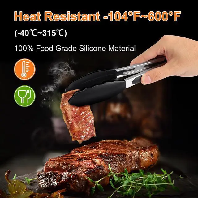 Alt view image 3 of 7 - 2 Pack Black Premium Stainless Steel Heat Resistant Kitchen Tongs for cooking,set of 9" and 12",Non Scratch Silicone cooking Tong Tip for Cooking Pans,Strong Grip BBQ tongs for Grabbing Hot Food