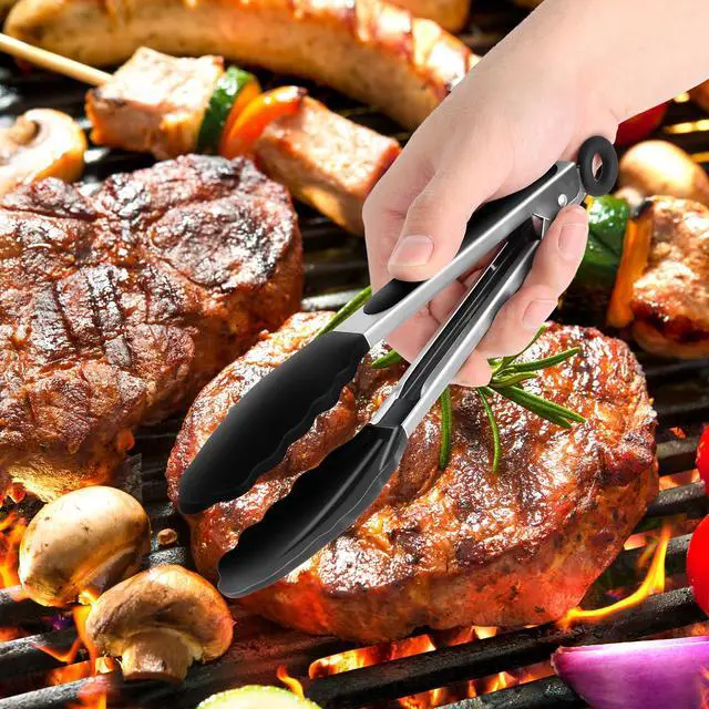 Alt view image 5 of 7 - 2 Pack Black Premium Stainless Steel Heat Resistant Kitchen Tongs for cooking,set of 9" and 12",Non Scratch Silicone cooking Tong Tip for Cooking Pans,Strong Grip BBQ tongs for Grabbing Hot Food