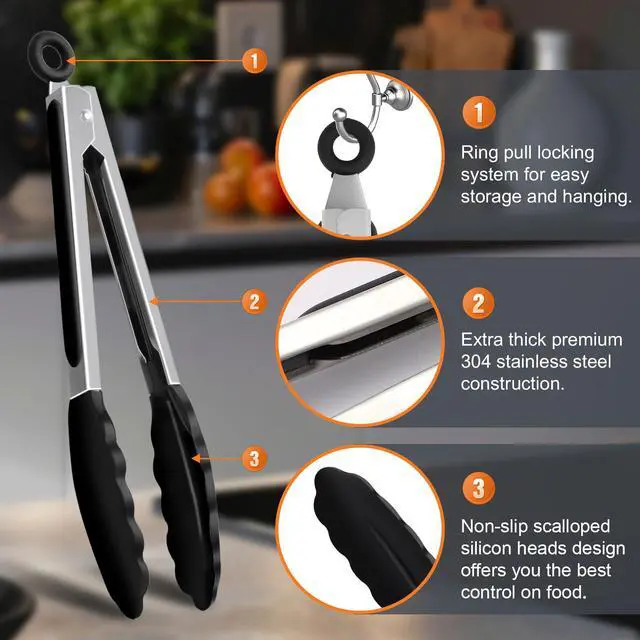 Alt view image 6 of 7 - 2 Pack Black Premium Stainless Steel Heat Resistant Kitchen Tongs for cooking,set of 9" and 12",Non Scratch Silicone cooking Tong Tip for Cooking Pans,Strong Grip BBQ tongs for Grabbing Hot Food