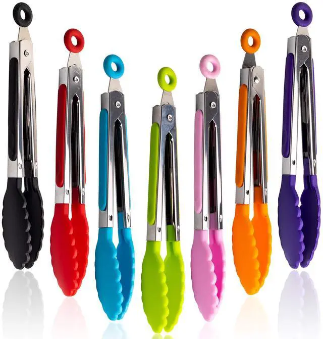 Main image of 7 Pack Kitchen Tongs Set 7-Inch Color Mini Small Food Tongs with Stainless Steel Silicon Handles and Nylon Tips Heat Resistant Tongs for Cooking, Serving, BBQ, Grilling, Salad and More