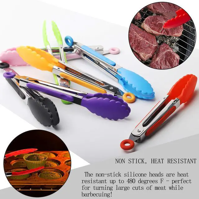 Alt view image 2 of 7 - 7 Pack Kitchen Tongs Set 7-Inch Color Mini Small Food Tongs with Stainless Steel Silicon Handles and Nylon Tips Heat Resistant Tongs for Cooking, Serving, BBQ, Grilling, Salad and More