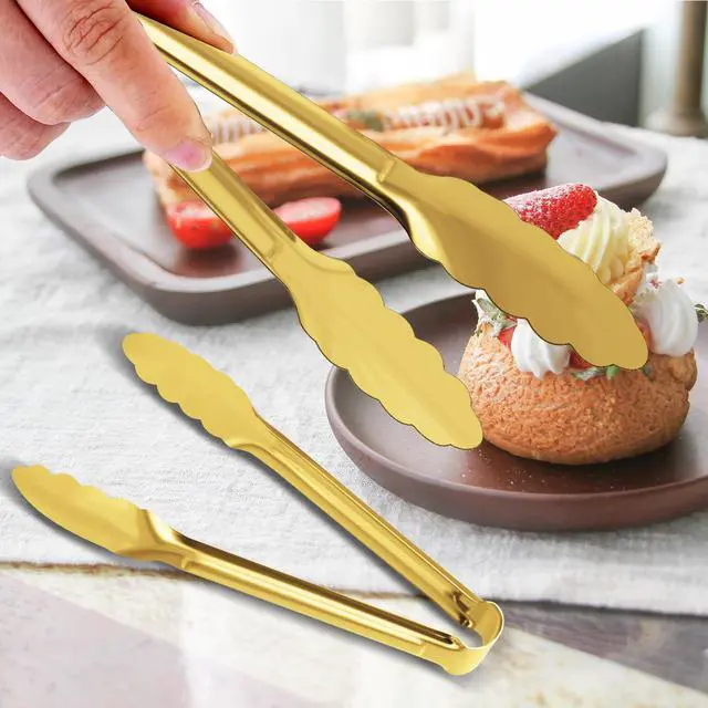 Alt view image 2 of 7 - 4 Pack Gold Serving Tongs Buffet Tongs Serving Utensils Salad Tongs Stainless Steel Gold Plated Buffet Serving Tongs,9 Inch