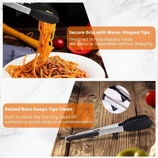 Alt view image 2 of 7 - Kitchen Cooking Tongs Set, 9" & 12", Black, 2 Pack