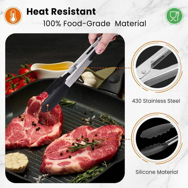 Alt view image 3 of 7 - Kitchen Cooking Tongs Set, 9" & 12", Black, 2 Pack