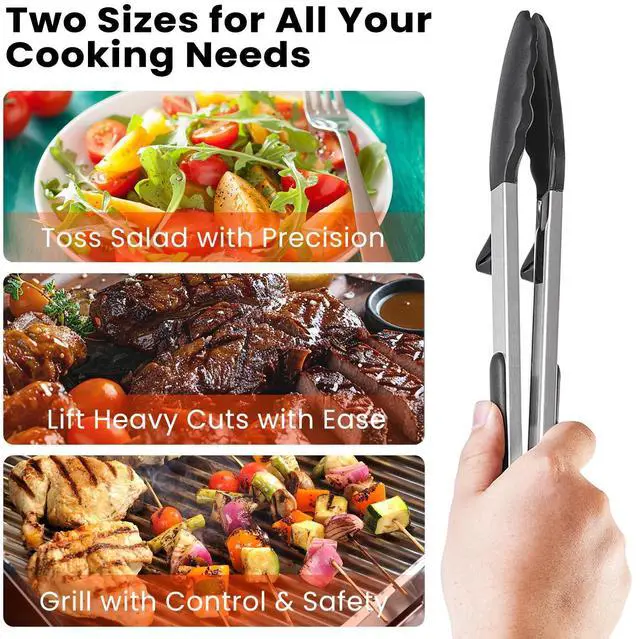 Alt view image 6 of 7 - Kitchen Cooking Tongs Set, 9" & 12", Black, 2 Pack