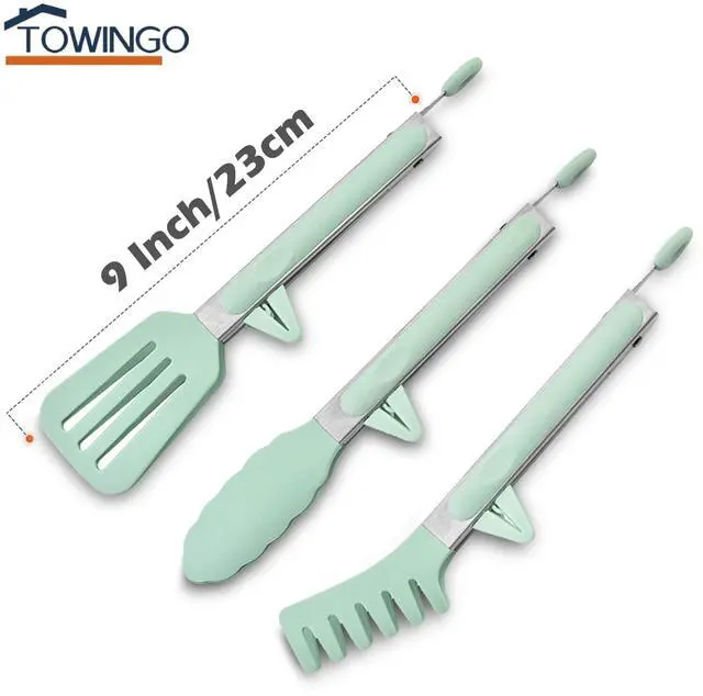 Alt view image 5 of 7 - 9" Kitchen Tongs for cooking with Silicone Tips, 3Pcs Serving Tongs, Green
