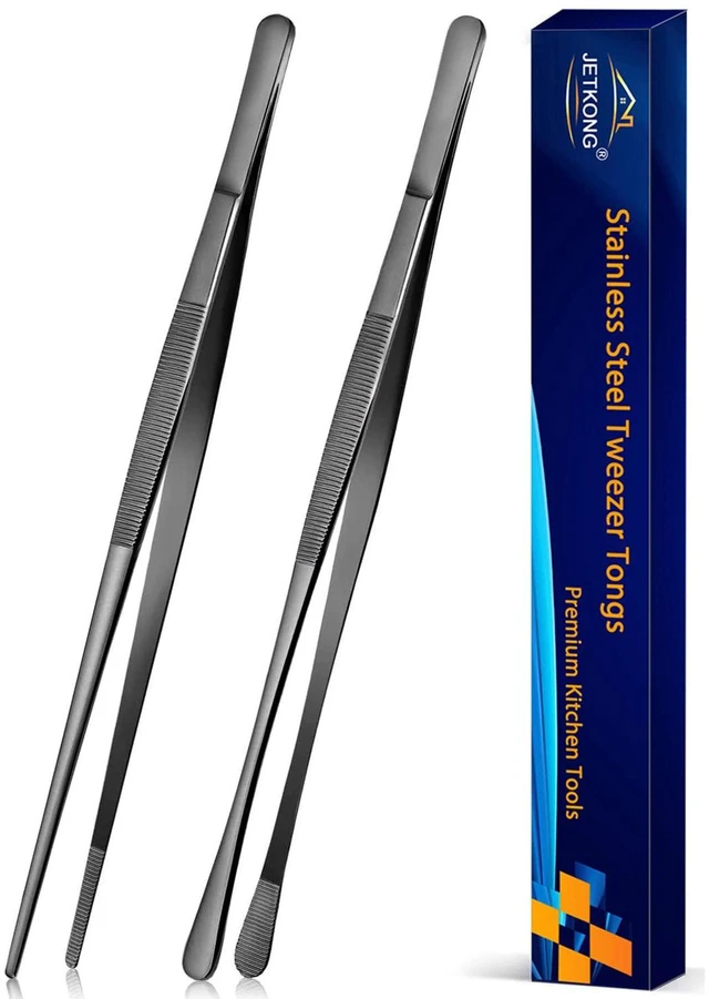 Main image of 2 Pcs 12-Inch Kitchen Tweezers Tongs with Precision Serrated Tips, Stainless Steel Chef Tweezer Professional Cooking Tweezers for BBQ, Plating and Serving (12-Inch, Black)