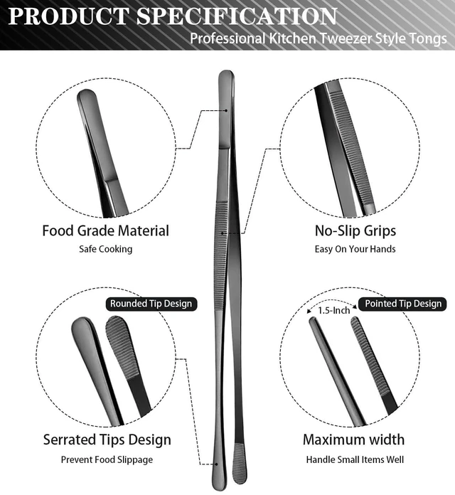 Alt view image 2 of 7 - 2 Pcs 12-Inch Kitchen Tweezers Tongs with Precision Serrated Tips, Stainless Steel Chef Tweezer Professional Cooking Tweezers for BBQ, Plating and Serving (12-Inch, Black)